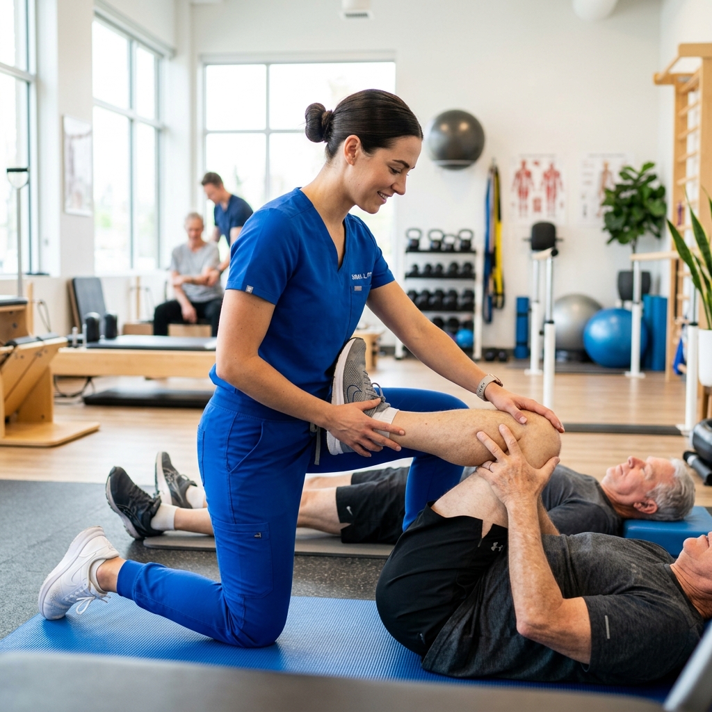 Physiotherapist demonstrating exercises in stretch scrubs