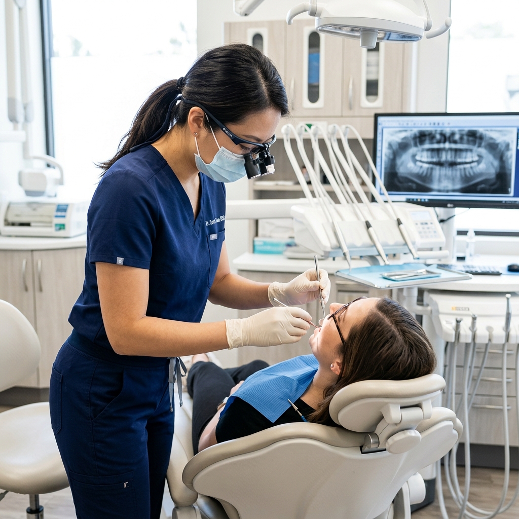 Dentist wearing four-way stretch dental scrubs