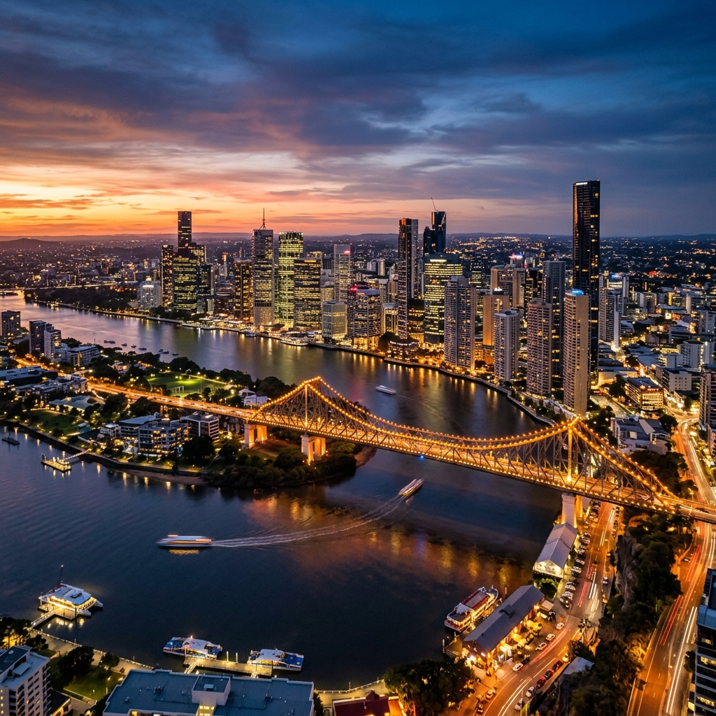 Brisbane Story Bridge and river at twilight