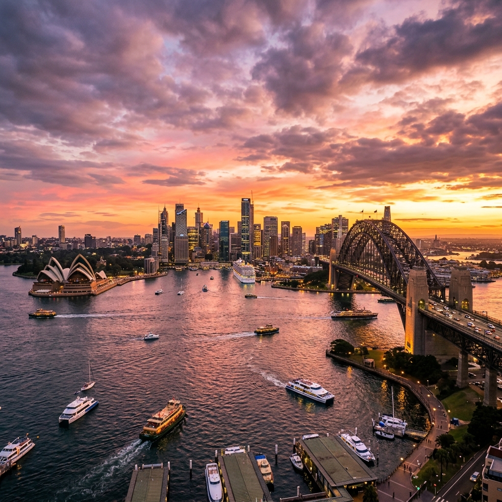 Sydney Opera House and Harbour Bridge at sunset