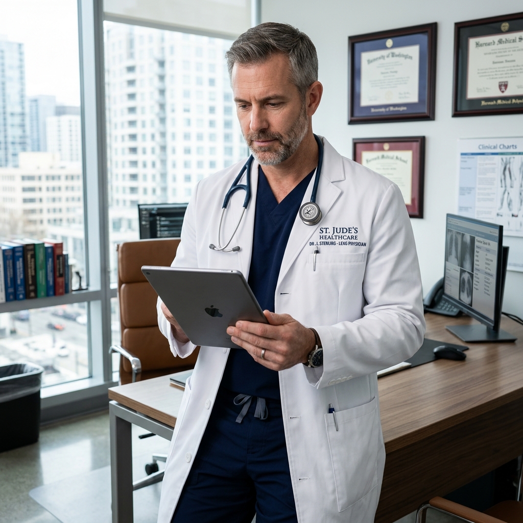Medical Doctor wearing structured scrubs with Lab Coat