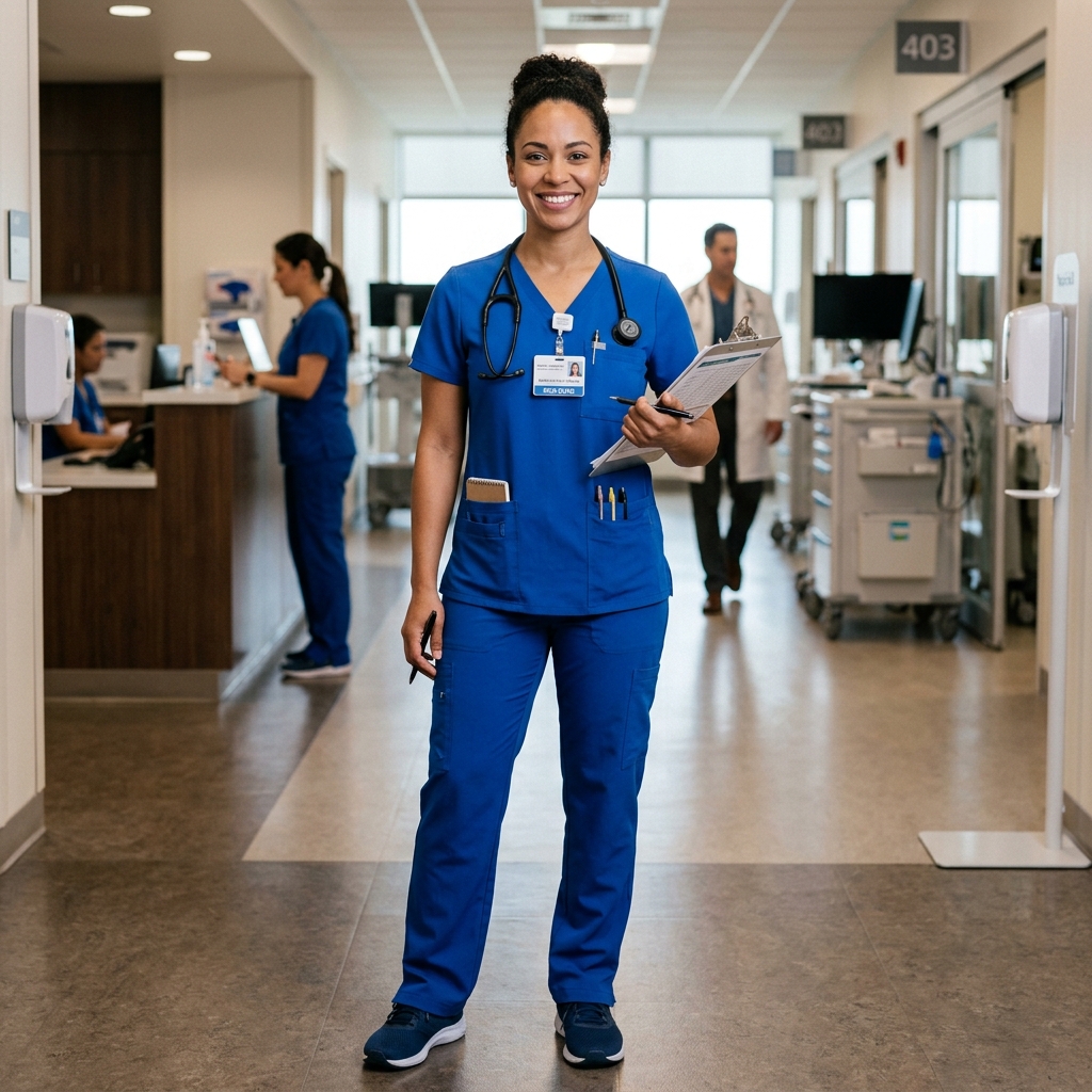 Registered Nurse wearing V-Neck Performance Scrubs