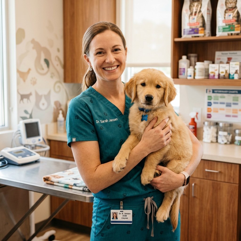 Veterinarian wearing Twill Scrubs holding Golden Retriever
